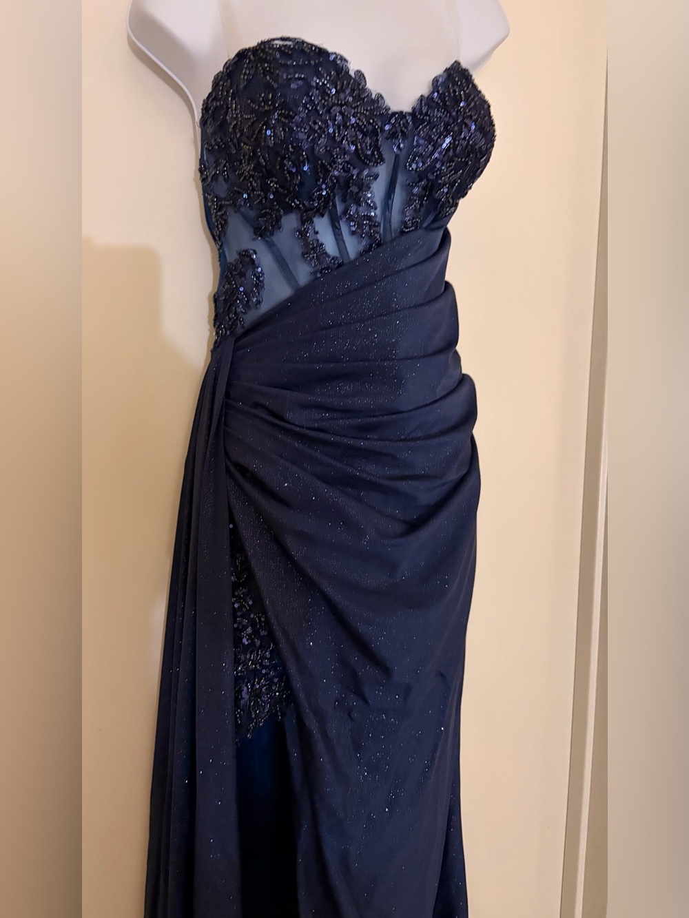Elegant Navy Beaded Evening Gown